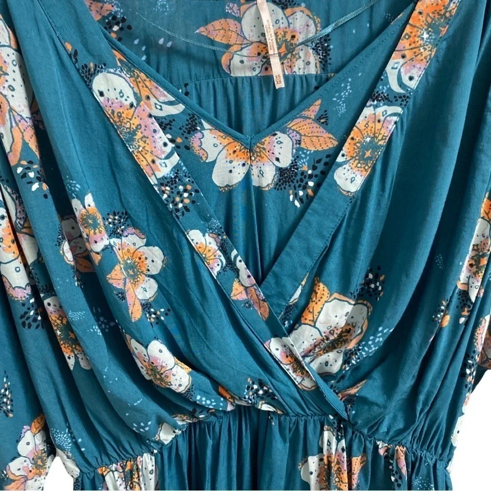Free People Women’s Boho Floral Teal & Orange Long Sleeve Top Size XS